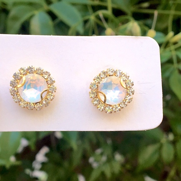 Jewelry - White Opal Aurora Borealis + Gold Crystal Halo Earrings